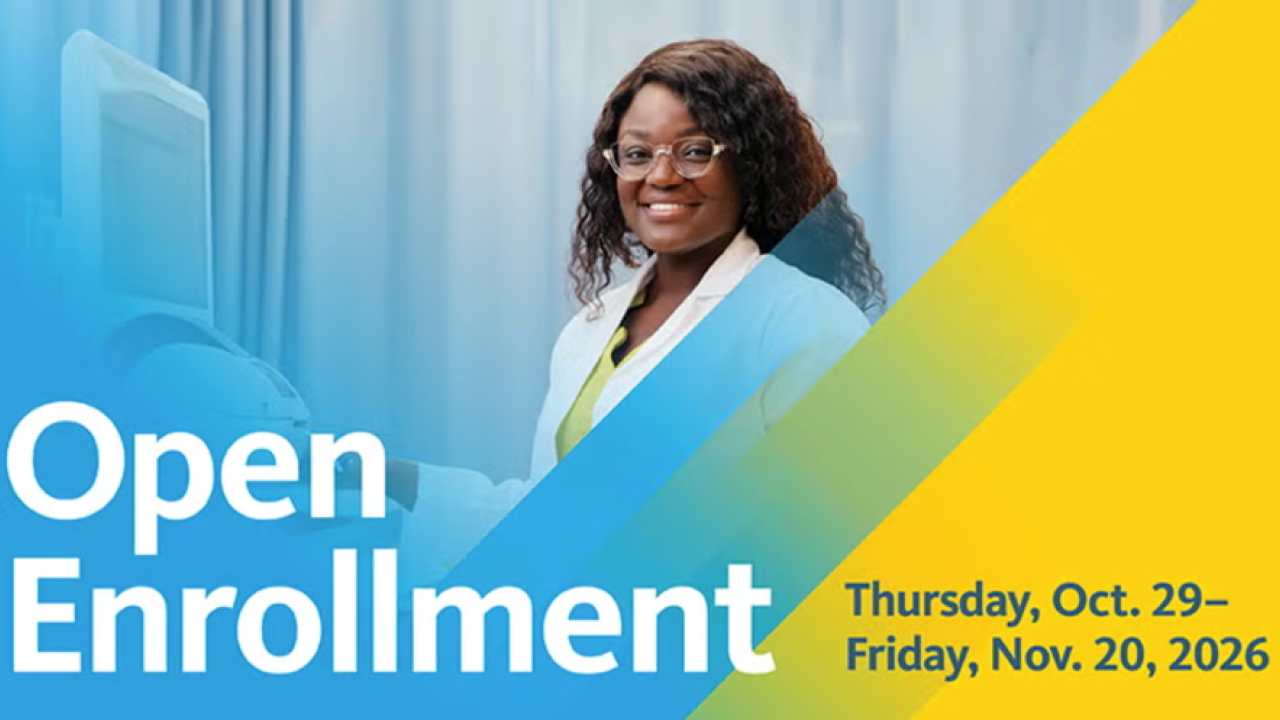 Open Enrollment flyer with a smiling woman in a lab coat.